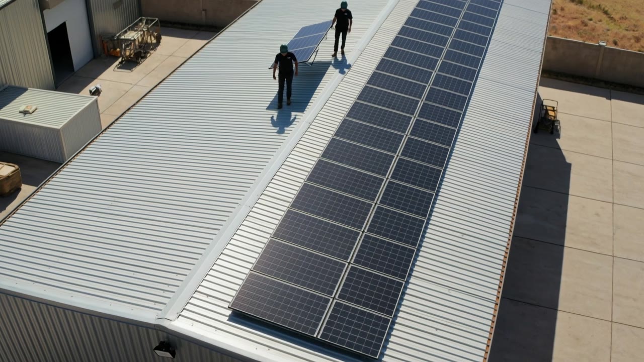Commercial Solar Installation Cape Town - installers fitting solar panels on a commercial warehouse roof